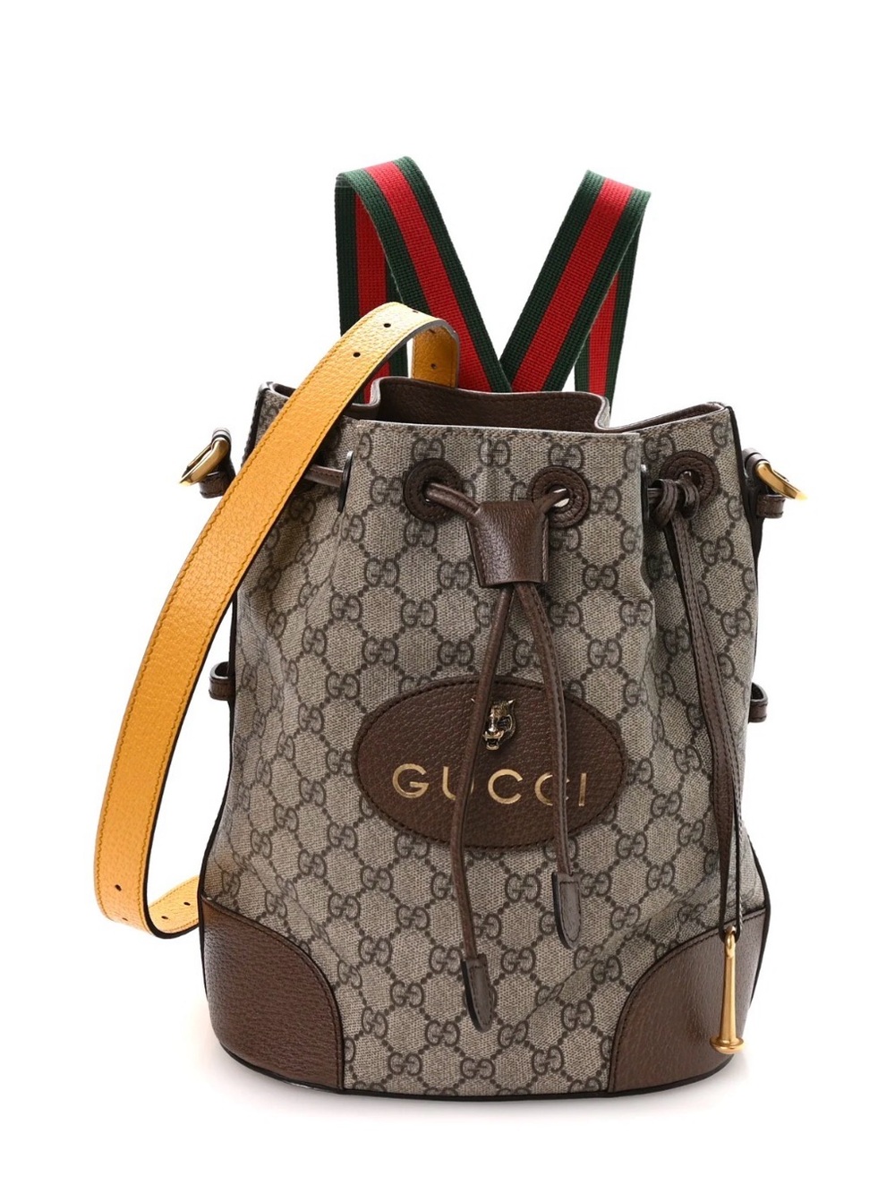 Gucci GG Canvas Drawstring Bucket Bag with Green-Red Web and Yellow Strap